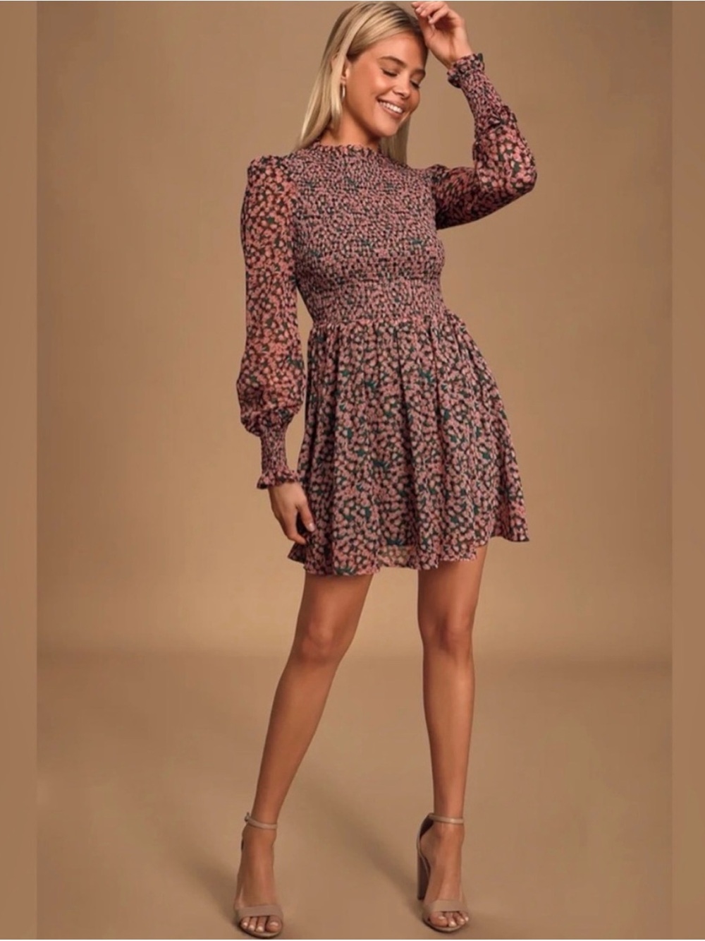 Lulu's Dusty Pink Floral Smocked Long-Sleeve Mini Dress - Picture 2 of 7